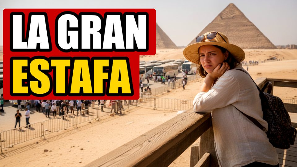 Resultado 2: turista decepcionada ante las pirámides con autobuses, texto LA GRAN ESTAFA